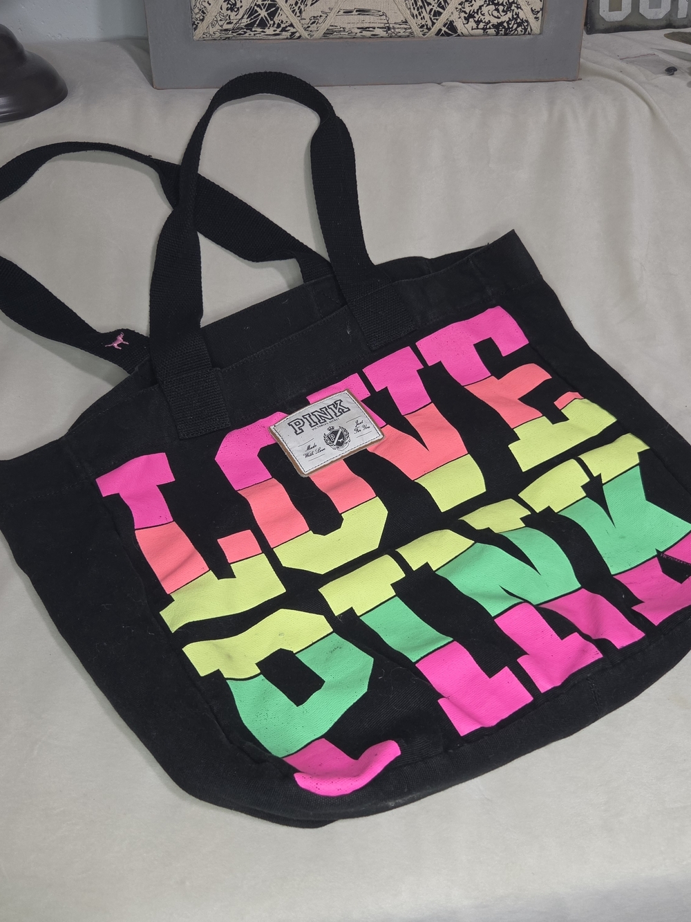 PINK Victoria's Secret Black Canvas Tote with Neon Pink, Yellow & Green Logo